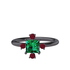 Earla Yüzük - Yeşil kuvars ve kök yakut 925 ayar siyah rodyum kaplama gümüş yüzük #aq0ube