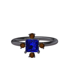 Earla Yüzük - Lab safir ve dumanlı kuvars 925 ayar siyah rodyum kaplama gümüş yüzük #htu1zc