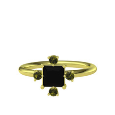 Siyah zirkon ve peridot 14 ayar altın yüzük