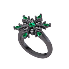 Nix Kar Tanesi Yüzük - Yeşil kuvars ve swarovski 925 ayar siyah rodyum kaplama gümüş yüzük #165u85p