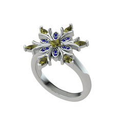 Peridot ve lab safir 18 ayar beyaz altın yüzük