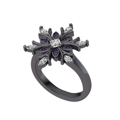 Beyaz zirkon ve ametist 925 ayar siyah rodyum kaplama gümüş yüzük