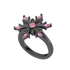 Nix Kar Tanesi Yüzük - Pembe kuvars ve peridot 925 ayar siyah rodyum kaplama gümüş yüzük #2kqku0