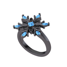 Nix Kar Tanesi Yüzük - Akuamarin ve siyah zirkon 925 ayar siyah rodyum kaplama gümüş yüzük #yhqpqk