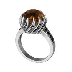 Dumanlı kuvars ve siyah zirkon 18 ayar beyaz altın yüzük