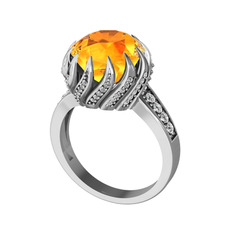 Aio Vintage Yüzük - Sitrin ve beyaz zirkon 14 ayar beyaz altın yüzük #m1wthj