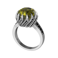 Peridot ve siyah zirkon 18 ayar beyaz altın yüzük