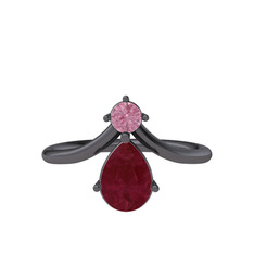 Pluvia Yüzük - Pembe kuvars ve kök yakut 925 ayar siyah rodyum kaplama gümüş yüzük #10703c3