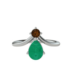 Pluvia Yüzük - Dumanlı kuvars ve kök zümrüt 8 ayar beyaz altın yüzük #10bn112