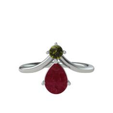Pluvia Yüzük - Peridot ve kök yakut 14 ayar beyaz altın yüzük #11qn8y1