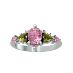 Issey 5 Taş Yüzük - Pembe kuvars ve peridot 8 ayar beyaz altın yüzük #105j2pk