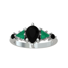 Issey 5 Taş Yüzük - Siyah zirkon ve kök zümrüt 8 ayar beyaz altın yüzük #11s6pkr
