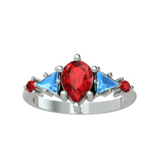 Issey 5 Taş Yüzük - Garnet ve akuamarin 8 ayar beyaz altın yüzük #1314br9