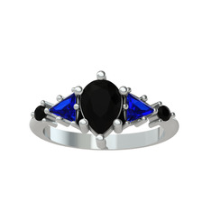 Issey 5 Taş Yüzük - Siyah zirkon ve lab safir 14 ayar beyaz altın yüzük #135zbrs