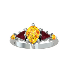 Issey 5 Taş Yüzük - Sitrin ve kök yakut 18 ayar beyaz altın yüzük #13us333