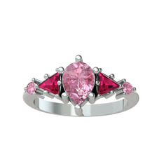 Issey 5 Taş Yüzük - Pembe kuvars ve rodolit garnet 8 ayar beyaz altın yüzük #14ua1a9