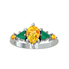 Issey 5 Taş Yüzük - Sitrin ve kök zümrüt 18 ayar beyaz altın yüzük #182wnvq