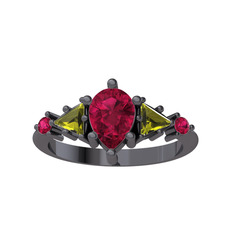 Issey 5 Taş Yüzük - Rodolit garnet ve peridot 925 ayar siyah rodyum kaplama gümüş yüzük #19hyuyf