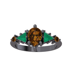 Issey 5 Taş Yüzük - Dumanlı kuvars ve kök zümrüt 925 ayar siyah rodyum kaplama gümüş yüzük #1b25uwk