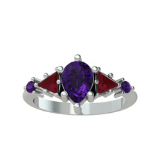 Issey 5 Taş Yüzük - Ametist ve kök yakut 18 ayar beyaz altın yüzük #1dvlk0n