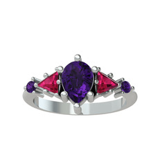 Issey 5 Taş Yüzük - Ametist ve rodolit garnet 14 ayar beyaz altın yüzük #1eog5ri