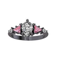 Issey 5 Taş Yüzük - Beyaz zirkon ve pembe kuvars 925 ayar siyah rodyum kaplama gümüş yüzük #1es0572