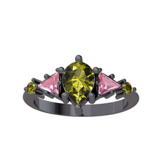 Peridot ve pembe kuvars 925 ayar siyah rodyum kaplama gümüş yüzük