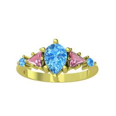 Akuamarin ve pembe kuvars 925 ayar altın kaplama gümüş yüzük