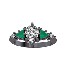 Issey 5 Taş Yüzük - Swarovski ve kök zümrüt 925 ayar siyah rodyum kaplama gümüş yüzük #1k7tjtc