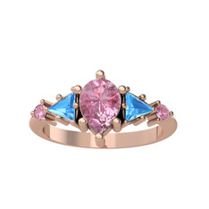 Issey 5 Taş Yüzük - Pembe kuvars ve akuamarin 8 ayar rose altın yüzük #1ngtpgf
