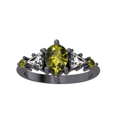 Issey 5 Taş Yüzük - Peridot ve beyaz zirkon 925 ayar siyah rodyum kaplama gümüş yüzük #1tvmb72