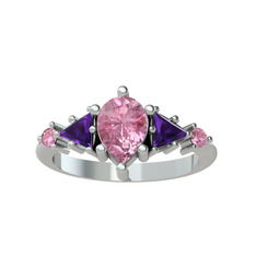 Issey 5 Taş Yüzük - Pembe kuvars ve ametist 18 ayar beyaz altın yüzük #1vc6nm5