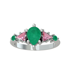 Kök zümrüt ve pembe kuvars 8 ayar beyaz altın yüzük