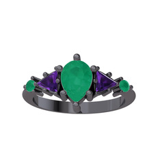 Issey 5 Taş Yüzük - Kök zümrüt ve ametist 925 ayar siyah rodyum kaplama gümüş yüzük #1x90387