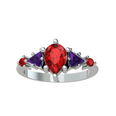 Issey 5 Taş Yüzük - Garnet ve ametist 18 ayar beyaz altın yüzük #1xkdjw0