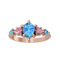 Akuamarin ve pembe kuvars 14 ayar rose altın yüzük