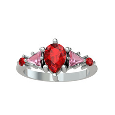 Garnet ve pembe kuvars 18 ayar beyaz altın yüzük