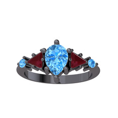 Issey 5 Taş Yüzük - Akuamarin ve kök yakut 925 ayar siyah rodyum kaplama gümüş yüzük #62t3do