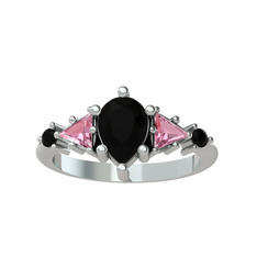 Issey 5 Taş Yüzük - Siyah zirkon ve pembe kuvars 14 ayar beyaz altın yüzük #65d1z6
