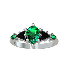 Issey 5 Taş Yüzük - Yeşil kuvars ve siyah zirkon 18 ayar beyaz altın yüzük #6getvt