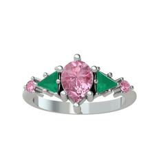 Issey 5 Taş Yüzük - Pembe kuvars ve kök zümrüt 8 ayar beyaz altın yüzük #70r3he