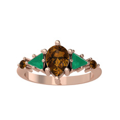 Issey 5 Taş Yüzük - Dumanlı kuvars ve kök zümrüt 8 ayar rose altın yüzük #7zw1qs