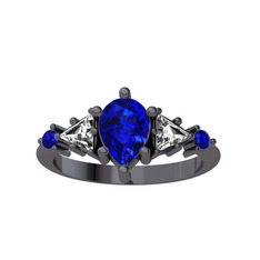 Issey 5 Taş Yüzük - Lab safir ve beyaz zirkon 925 ayar siyah rodyum kaplama gümüş yüzük #80176o