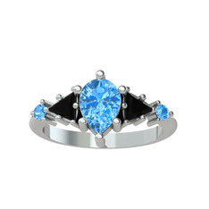 Issey 5 Taş Yüzük - Akuamarin ve siyah zirkon 18 ayar beyaz altın yüzük #8ontpw