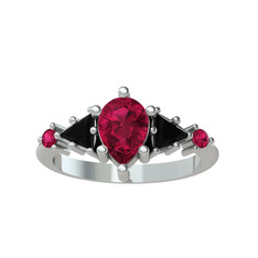 Issey 5 Taş Yüzük - Rodolit garnet ve siyah zirkon 18 ayar beyaz altın yüzük #9re4ho
