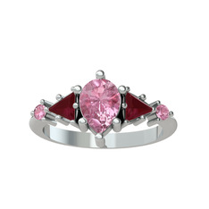 Issey 5 Taş Yüzük - Pembe kuvars ve kök yakut 18 ayar beyaz altın yüzük #bu84qb