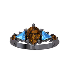 Issey 5 Taş Yüzük - Dumanlı kuvars ve akuamarin 925 ayar siyah rodyum kaplama gümüş yüzük #ejyqpa