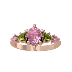 Issey 5 Taş Yüzük - Pembe kuvars ve peridot 18 ayar rose altın yüzük #g21fl6