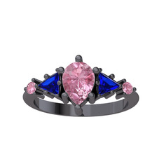 Issey 5 Taş Yüzük - Pembe kuvars ve lab safir 925 ayar siyah rodyum kaplama gümüş yüzük #jpr3pp