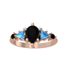 Issey 5 Taş Yüzük - Siyah zirkon ve akuamarin 8 ayar rose altın yüzük #jr6k5i